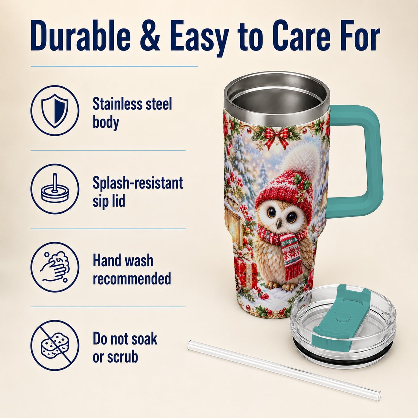 #pl[40oz|Green] Festive Owl 40oz Tumbler with Handle, Christmas Stainless Steel Travel Cup