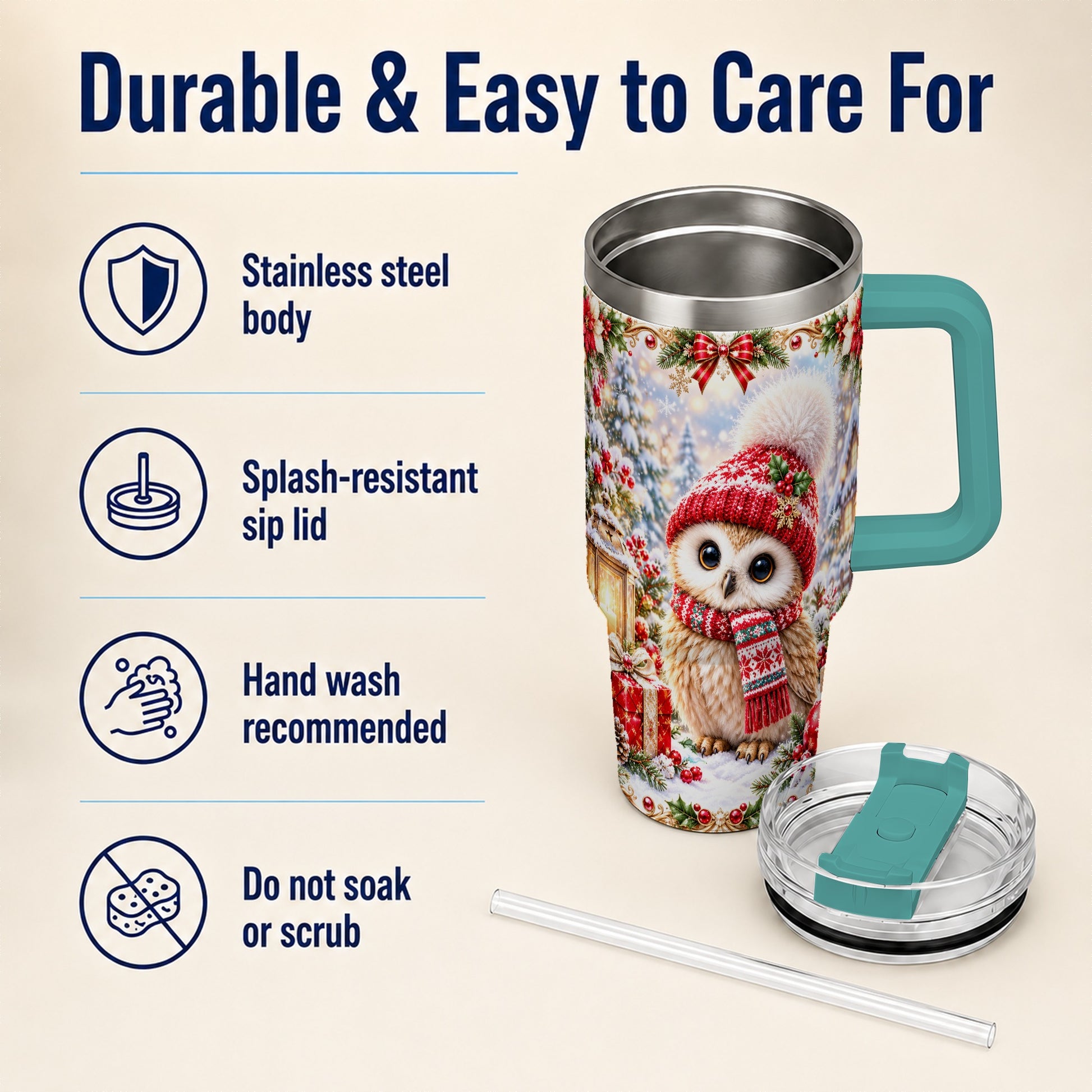 #pl[40oz|Green] Festive Owl 40oz Tumbler with Handle, Christmas Stainless Steel Travel Cup