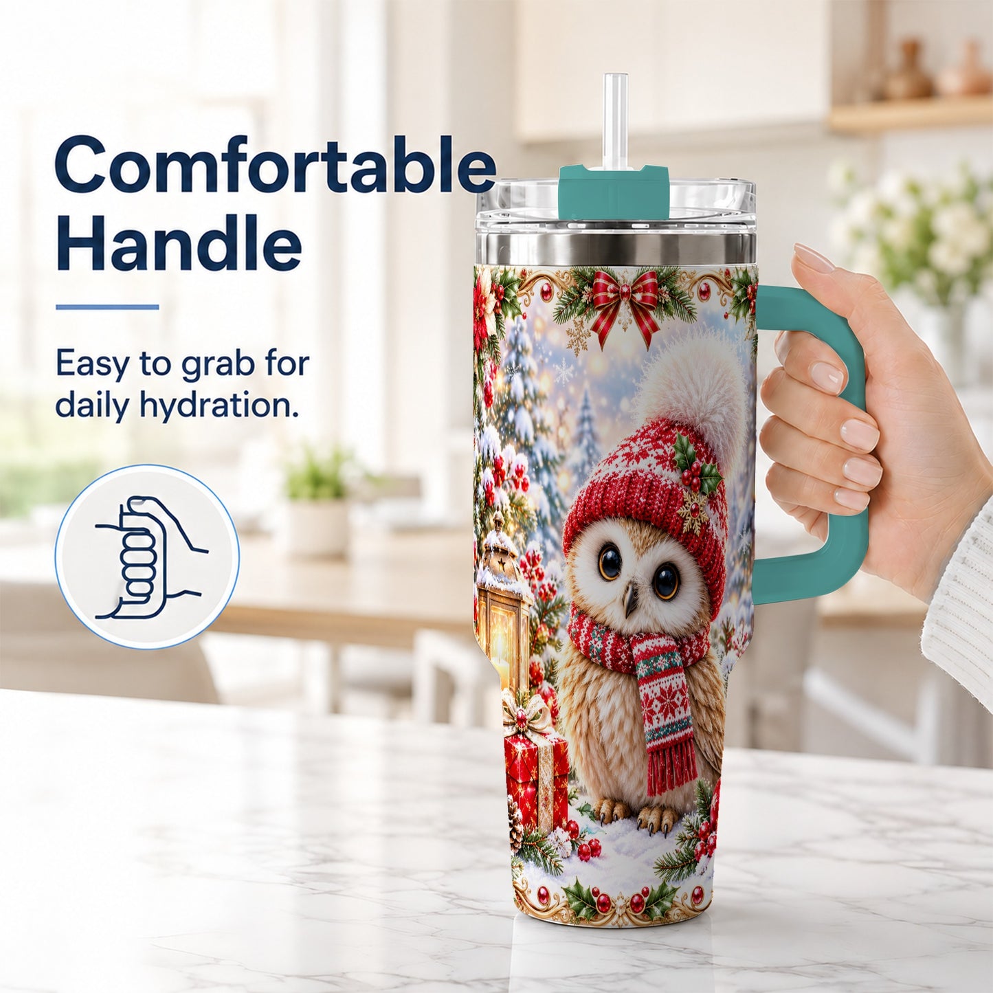#pl[40oz|Green] Festive Owl 40oz Tumbler with Handle, Christmas Stainless Steel Travel Cup