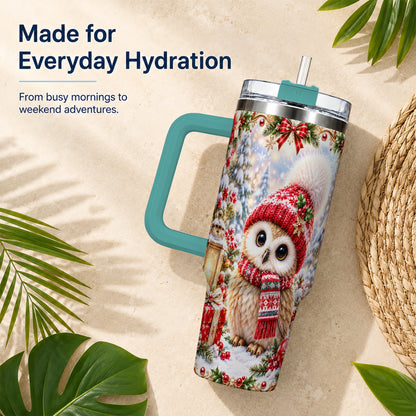 #pl[40oz|Green] Festive Owl 40oz Tumbler with Handle, Christmas Stainless Steel Travel Cup