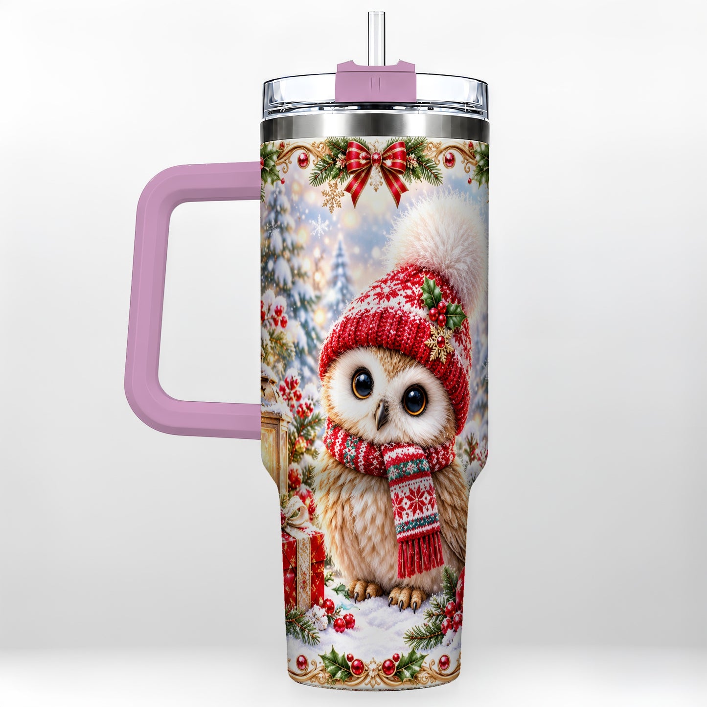 #pl[40oz|Pink] Festive Owl 40oz Tumbler with Handle, Christmas Stainless Steel Travel Cup