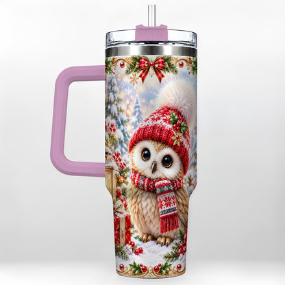#pl[40oz|Pink] Festive Owl 40oz Tumbler with Handle, Christmas Stainless Steel Travel Cup