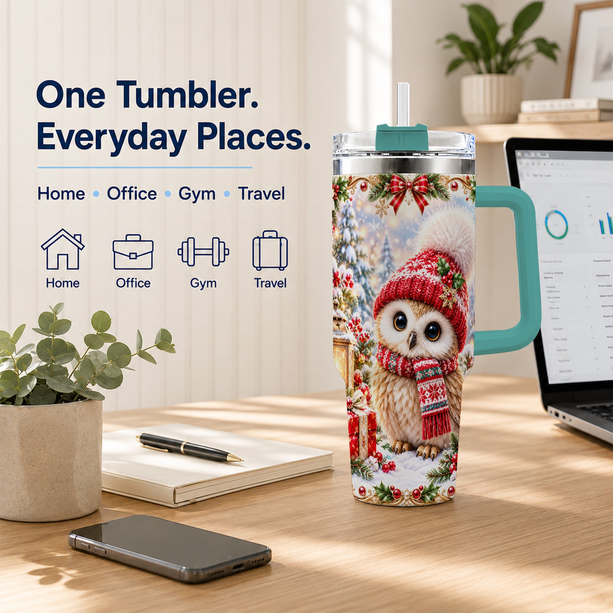 #pl[40oz|Green] Festive Owl 40oz Tumbler with Handle, Christmas Stainless Steel Travel Cup