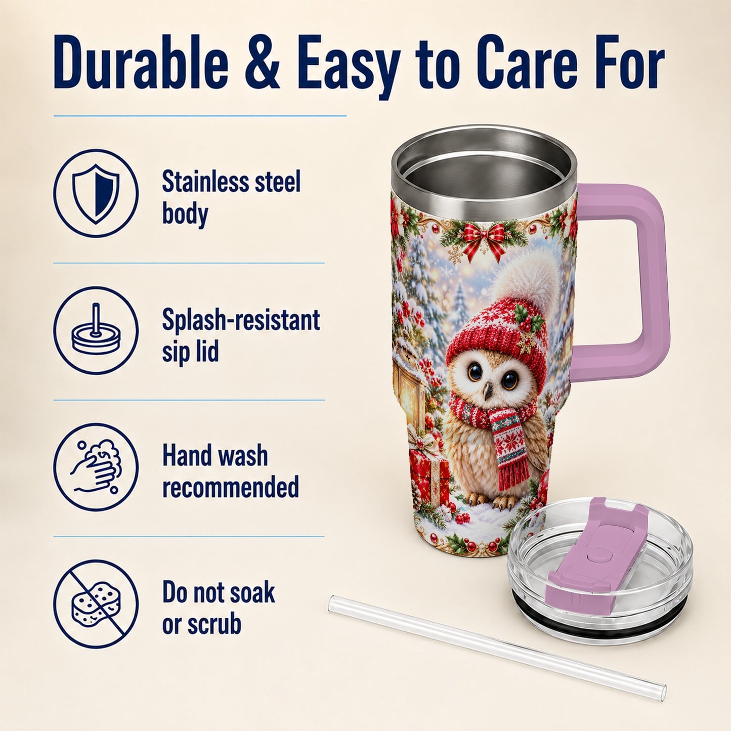 #pl[40oz|Pink] Festive Owl 40oz Tumbler with Handle, Christmas Stainless Steel Travel Cup