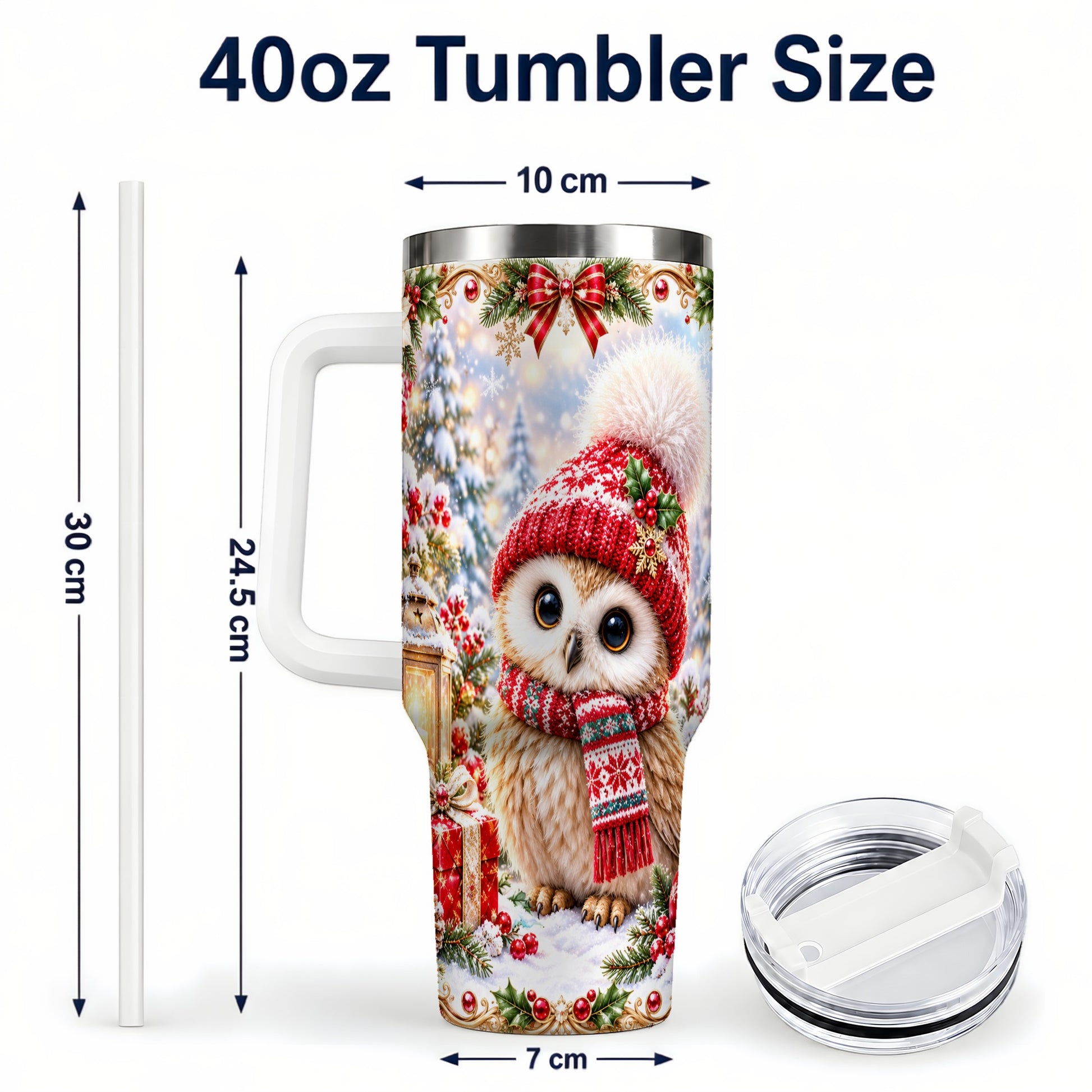 #pl[40oz|White] Festive Owl 40oz Tumbler with Handle, Christmas Stainless Steel Travel Cup