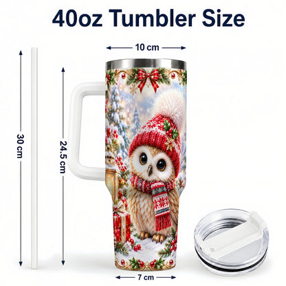 #pl[40oz|White] Festive Owl 40oz Tumbler with Handle, Christmas Stainless Steel Travel Cup