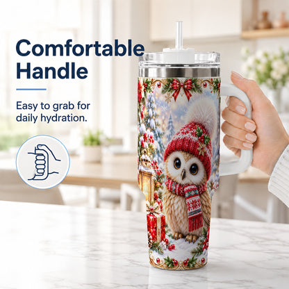 #pl[40oz|White] Festive Owl 40oz Tumbler with Handle, Christmas Stainless Steel Travel Cup