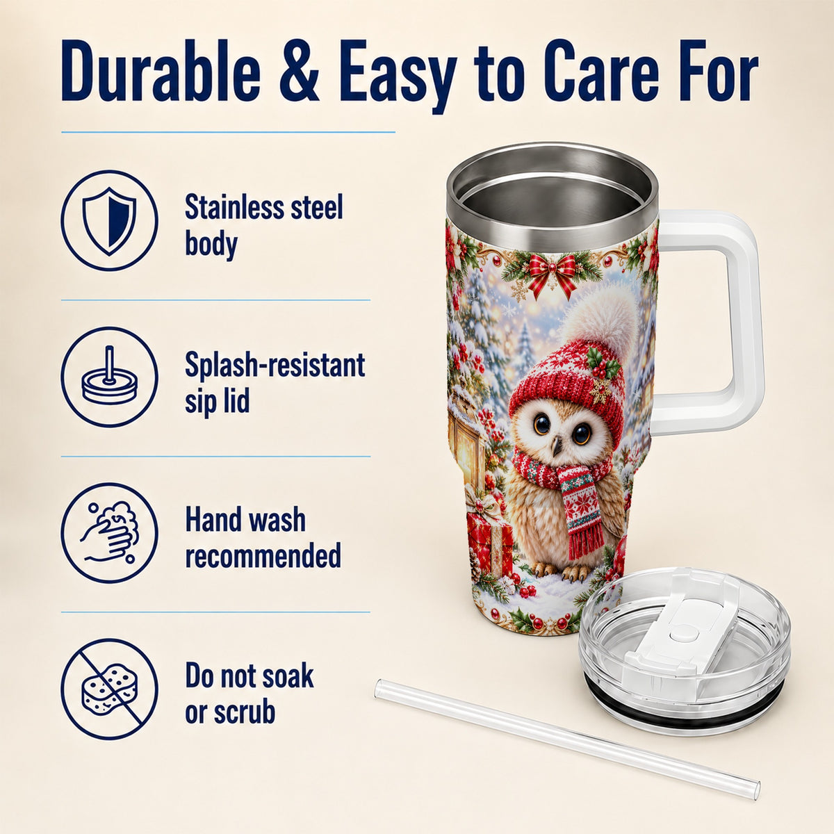 #pl[40oz|White] Festive Owl 40oz Tumbler with Handle, Christmas Stainless Steel Travel Cup