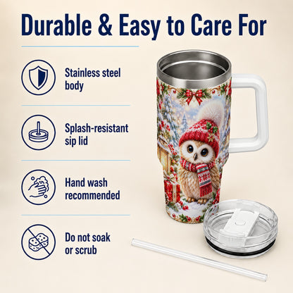 #pl[40oz|White] Festive Owl 40oz Tumbler with Handle, Christmas Stainless Steel Travel Cup