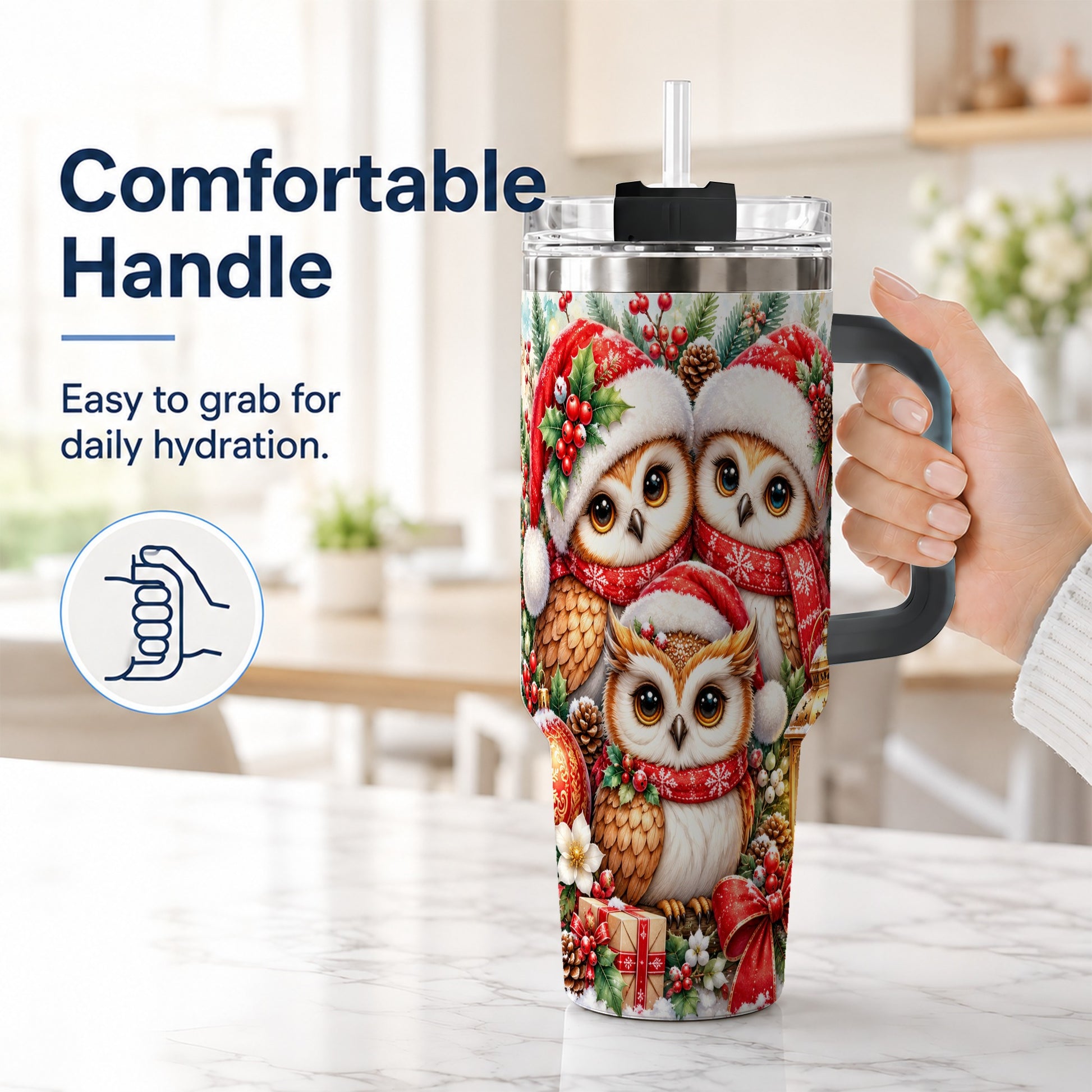 #pl[40oz|Black] Owl Family 40oz Tumbler with Handle, Christmas Stainless Steel Travel Cup