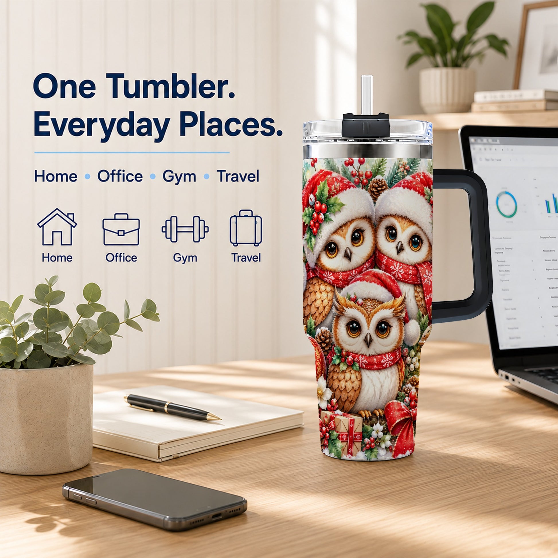 #pl[40oz|Black] Owl Family 40oz Tumbler with Handle, Christmas Stainless Steel Travel Cup