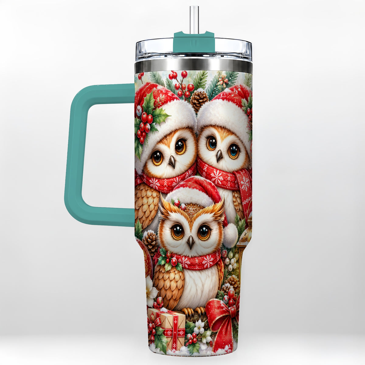 #pl[40oz|Green] Owl Family 40oz Tumbler with Handle, Christmas Stainless Steel Travel Cup