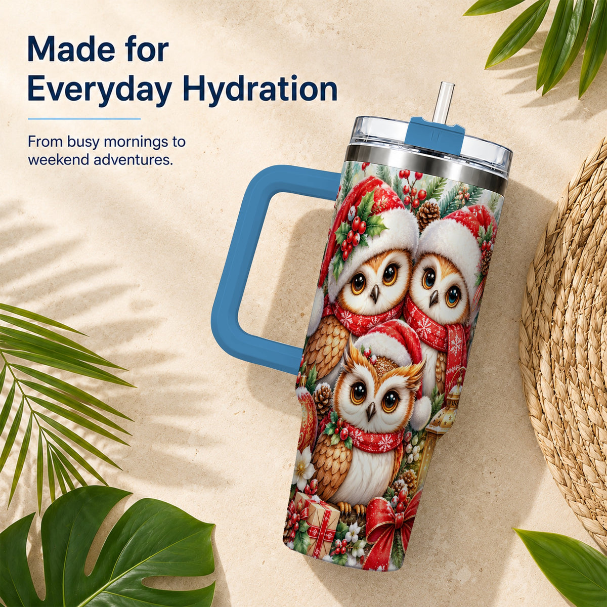 #pl[40oz|Blue] Owl Family 40oz Tumbler with Handle, Christmas Stainless Steel Travel Cup