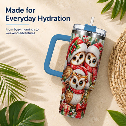 #pl[40oz|Blue] Owl Family 40oz Tumbler with Handle, Christmas Stainless Steel Travel Cup