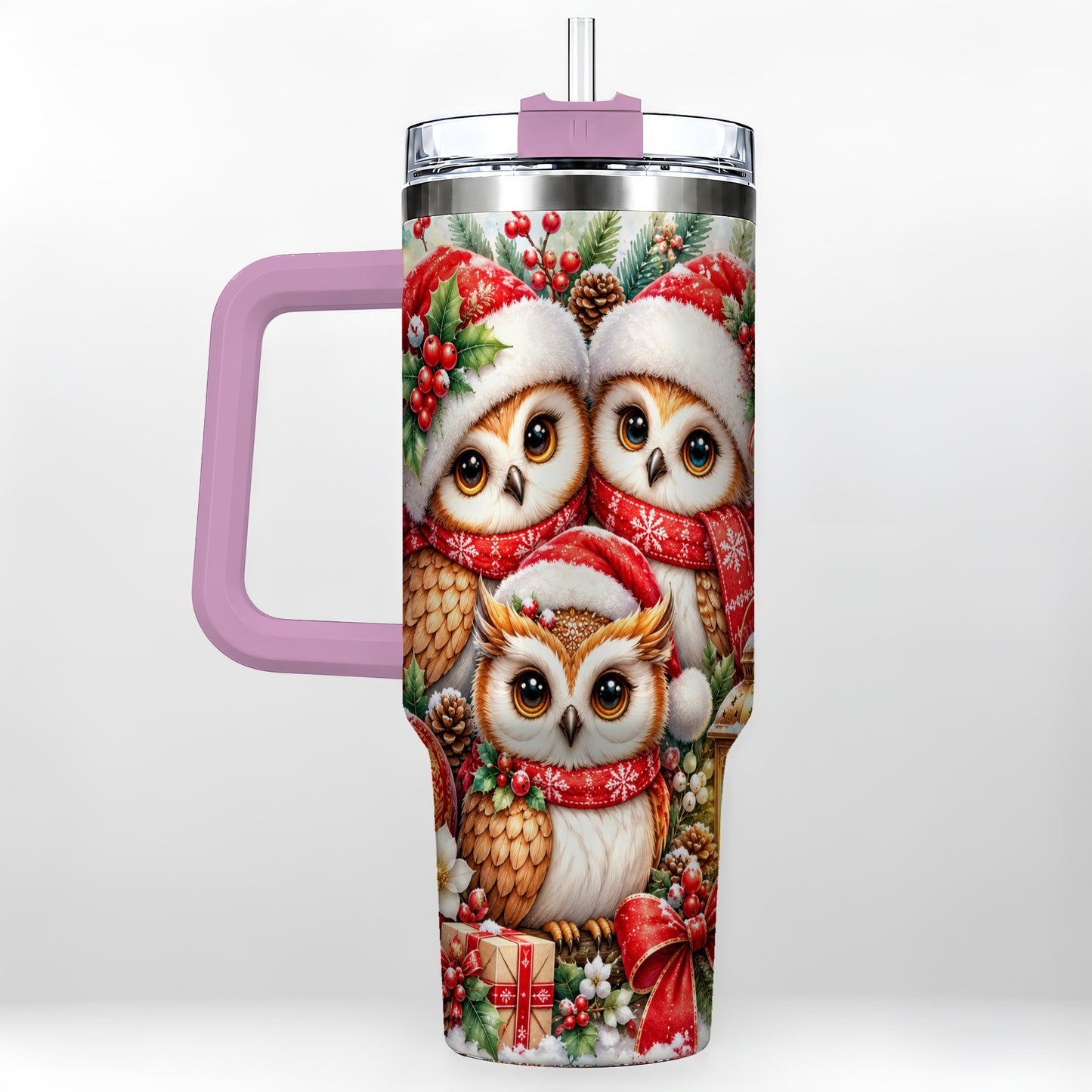#pl[40oz|Pink] Owl Family 40oz Tumbler with Handle, Christmas Stainless Steel Travel Cup
