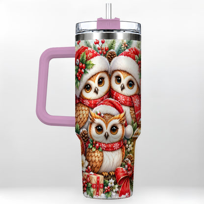 #pl[40oz|Pink] Owl Family 40oz Tumbler with Handle, Christmas Stainless Steel Travel Cup