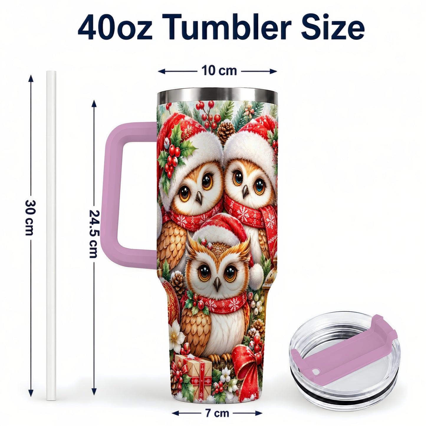 #pl[40oz|Pink] Owl Family 40oz Tumbler with Handle, Christmas Stainless Steel Travel Cup