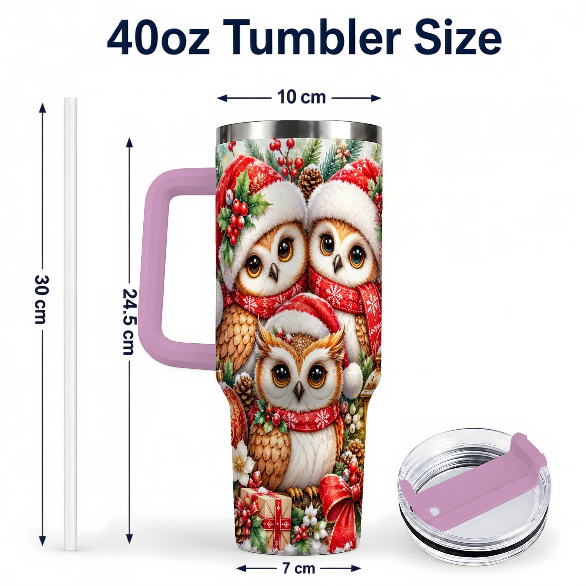 #pl[40oz|Pink] Owl Family 40oz Tumbler with Handle, Christmas Stainless Steel Travel Cup
