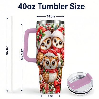 #pl[40oz|Pink] Owl Family 40oz Tumbler with Handle, Christmas Stainless Steel Travel Cup