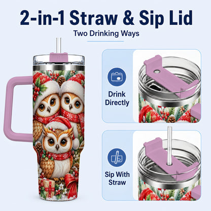 #pl[40oz|Pink] Owl Family 40oz Tumbler with Handle, Christmas Stainless Steel Travel Cup