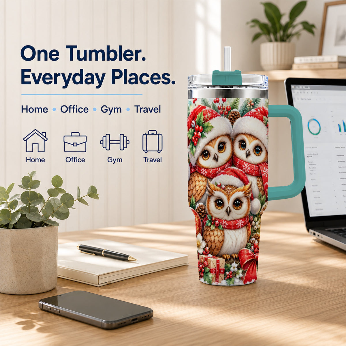 #pl[40oz|Green] Owl Family 40oz Tumbler with Handle, Christmas Stainless Steel Travel Cup