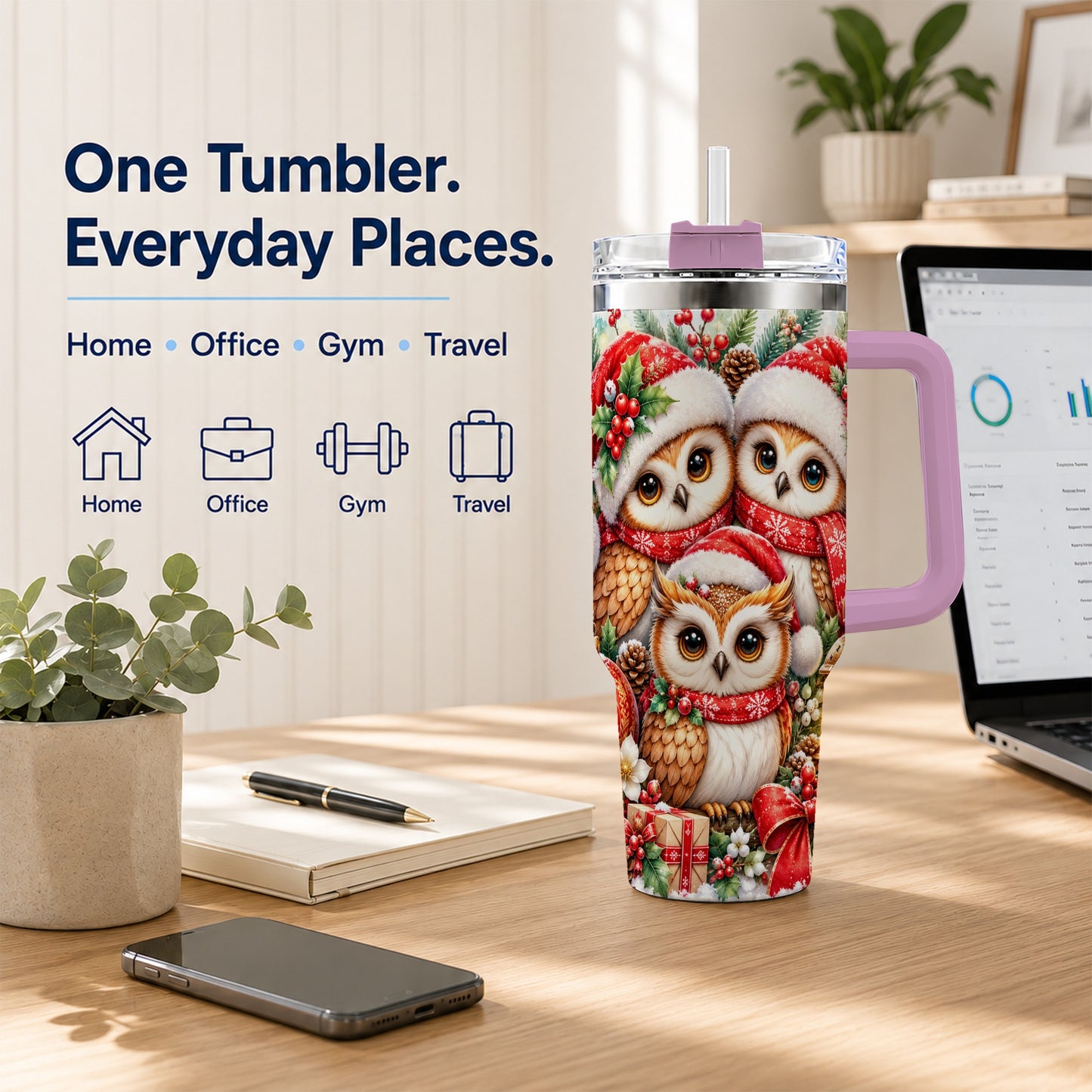 #pl[40oz|Pink] Owl Family 40oz Tumbler with Handle, Christmas Stainless Steel Travel Cup