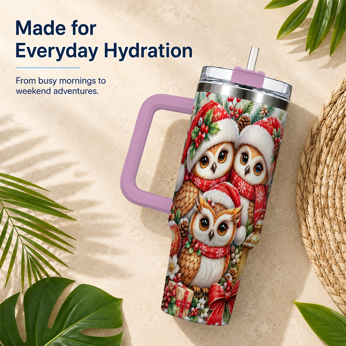 #pl[40oz|Pink] Owl Family 40oz Tumbler with Handle, Christmas Stainless Steel Travel Cup