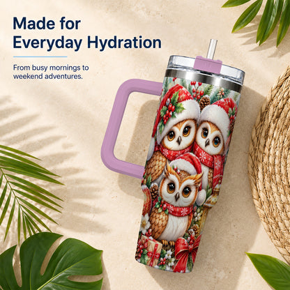#pl[40oz|Pink] Owl Family 40oz Tumbler with Handle, Christmas Stainless Steel Travel Cup