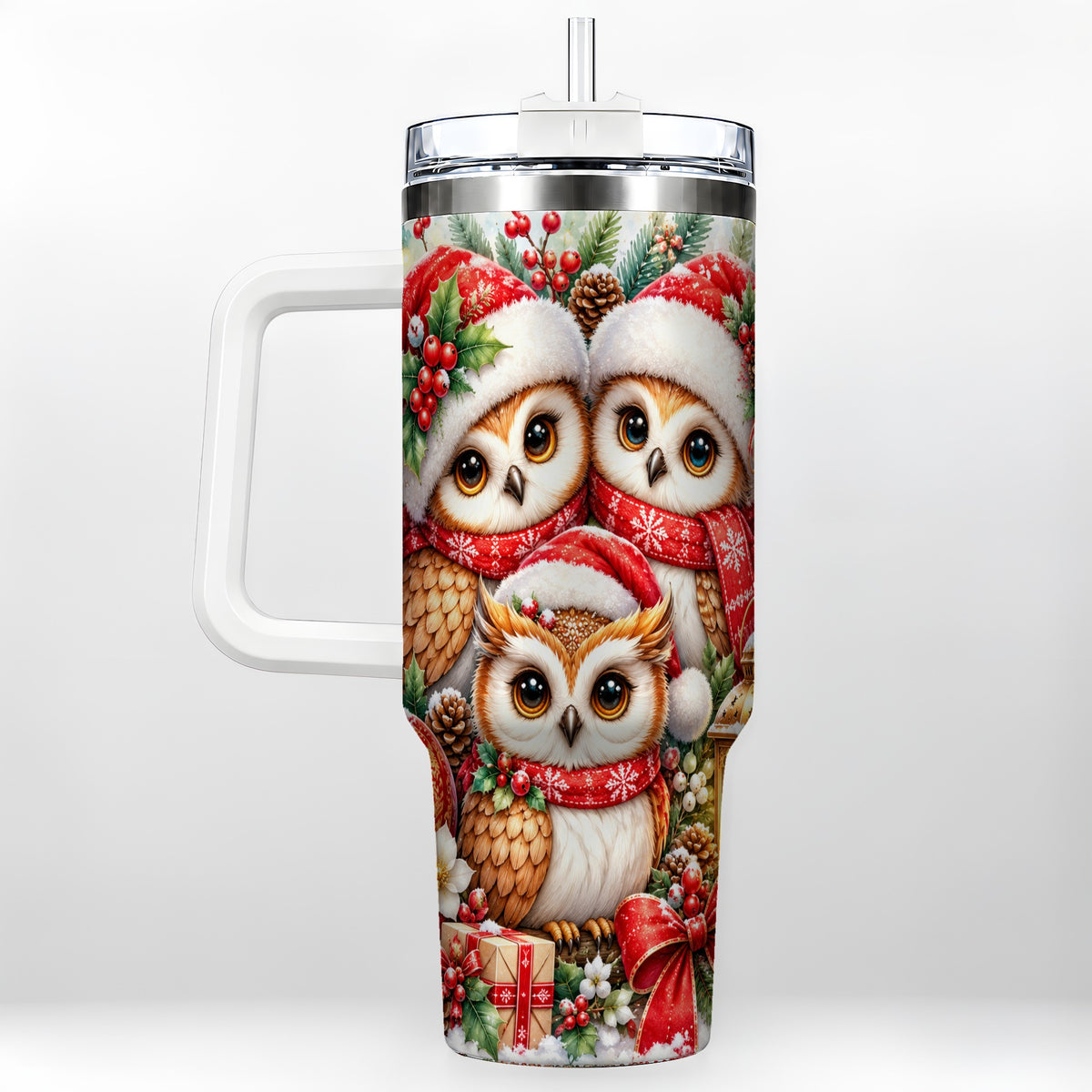 Owl Family 40oz Tumbler with Handle, Christmas Stainless Steel Travel Cup