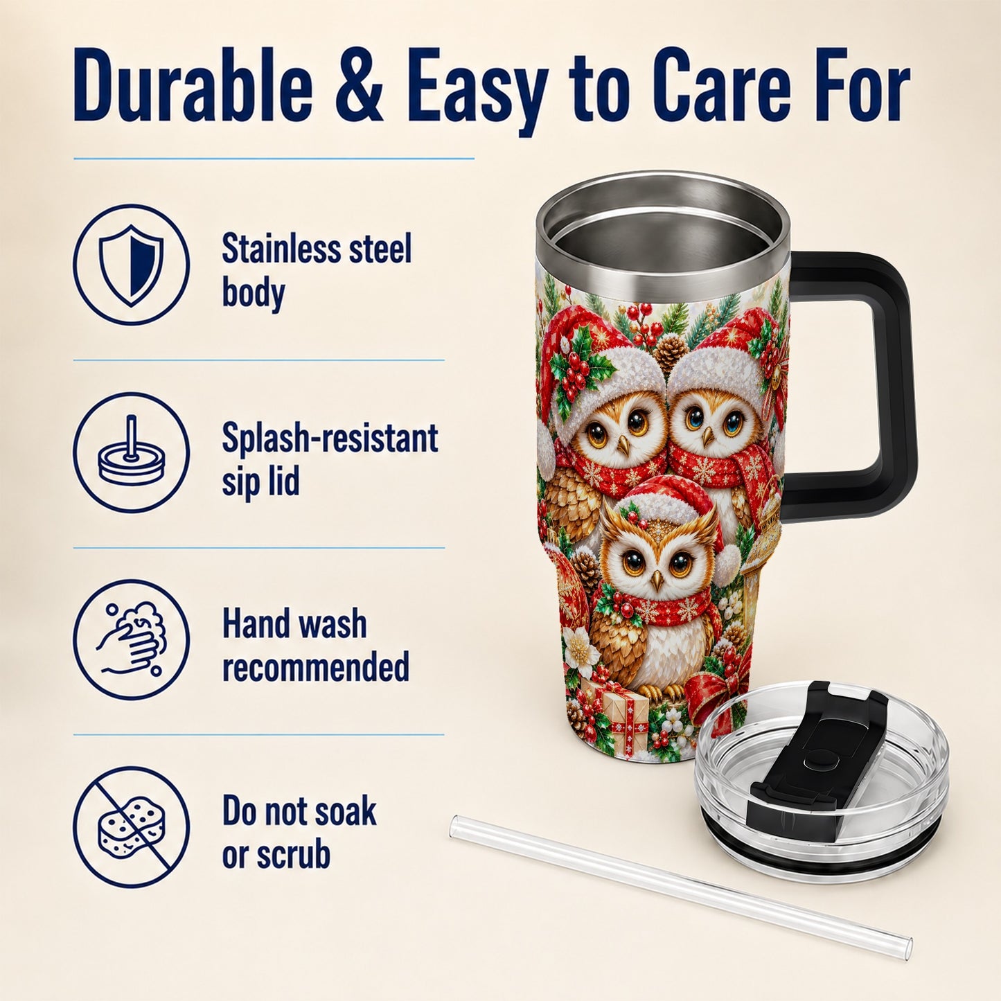 #pl[40oz|Black] Faceted Owl 40oz Tumbler with Handle, Christmas Stainless Steel Travel Cup