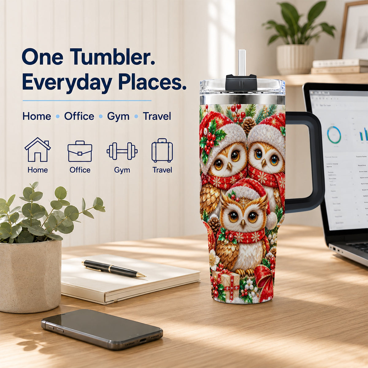 #pl[40oz|Black] Faceted Owl 40oz Tumbler with Handle, Christmas Stainless Steel Travel Cup