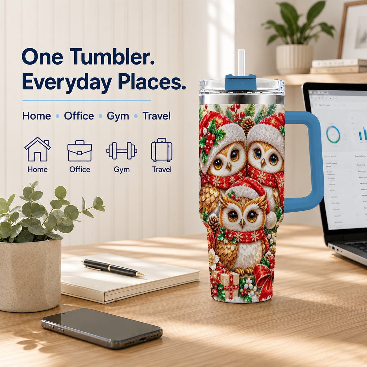 #pl[40oz|Blue] Faceted Owl 40oz Tumbler with Handle, Christmas Stainless Steel Travel Cup
