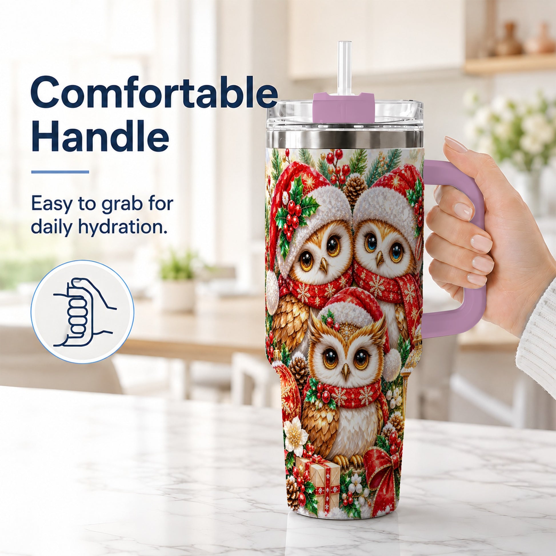 #pl[40oz|Pink] Faceted Owl 40oz Tumbler with Handle, Christmas Stainless Steel Travel Cup