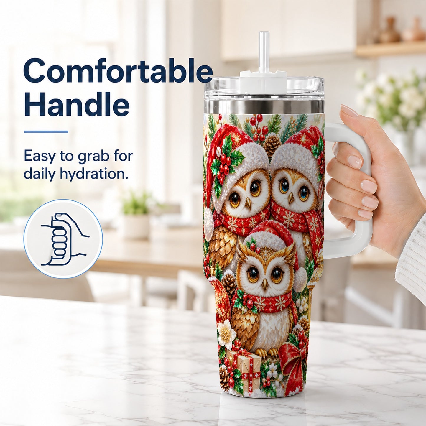 #pl[40oz|White] Faceted Owl 40oz Tumbler with Handle, Christmas Stainless Steel Travel Cup