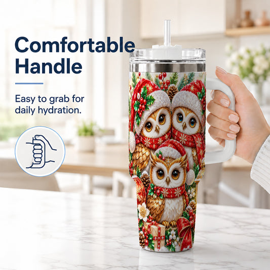 #pl[40oz|White] Faceted Owl 40oz Tumbler with Handle, Christmas Stainless Steel Travel Cup