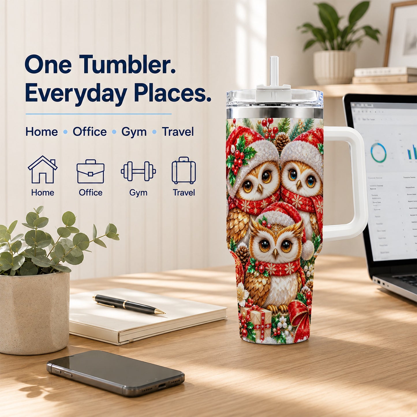 #pl[40oz|White] Faceted Owl 40oz Tumbler with Handle, Christmas Stainless Steel Travel Cup