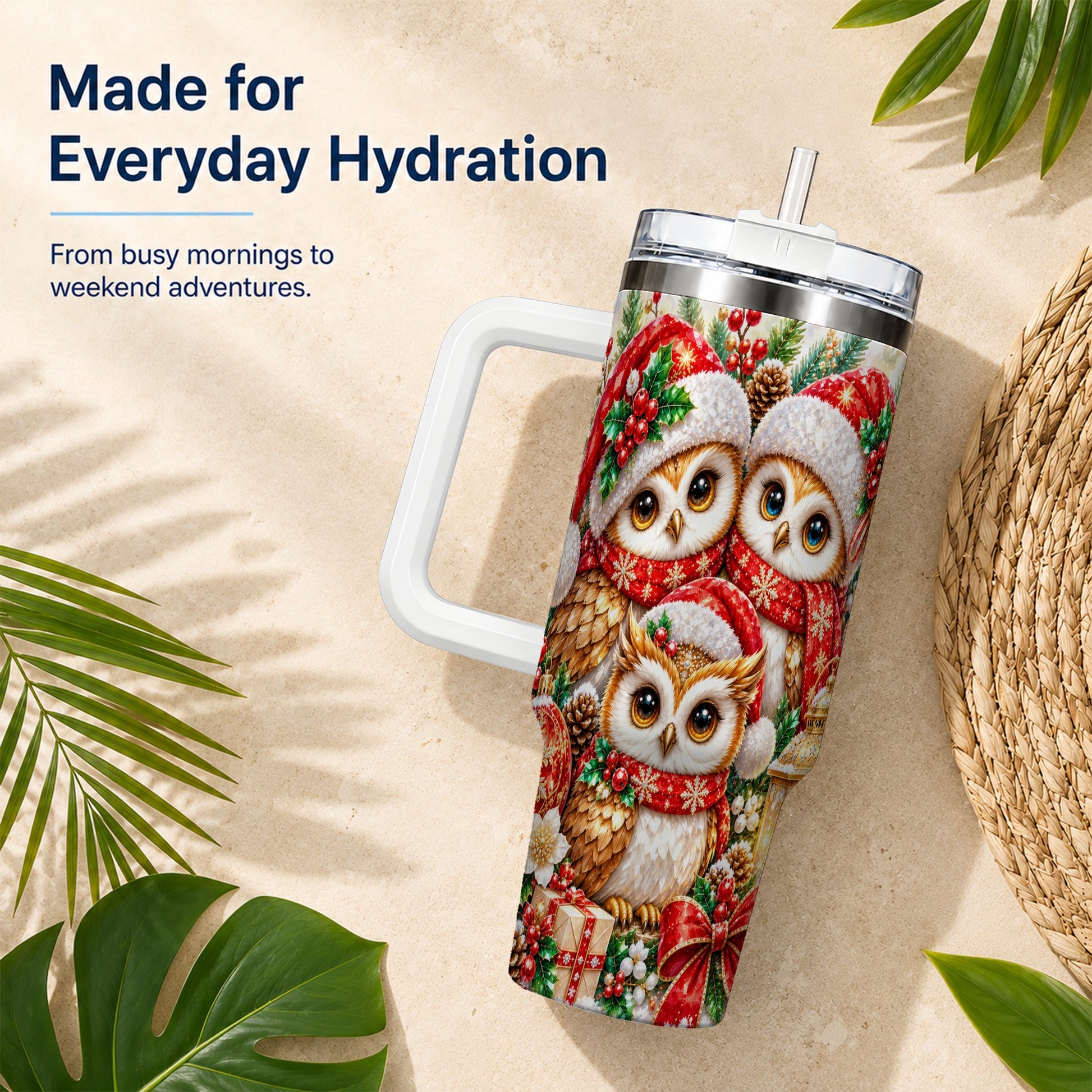 #pl[40oz|White] Faceted Owl 40oz Tumbler with Handle, Christmas Stainless Steel Travel Cup