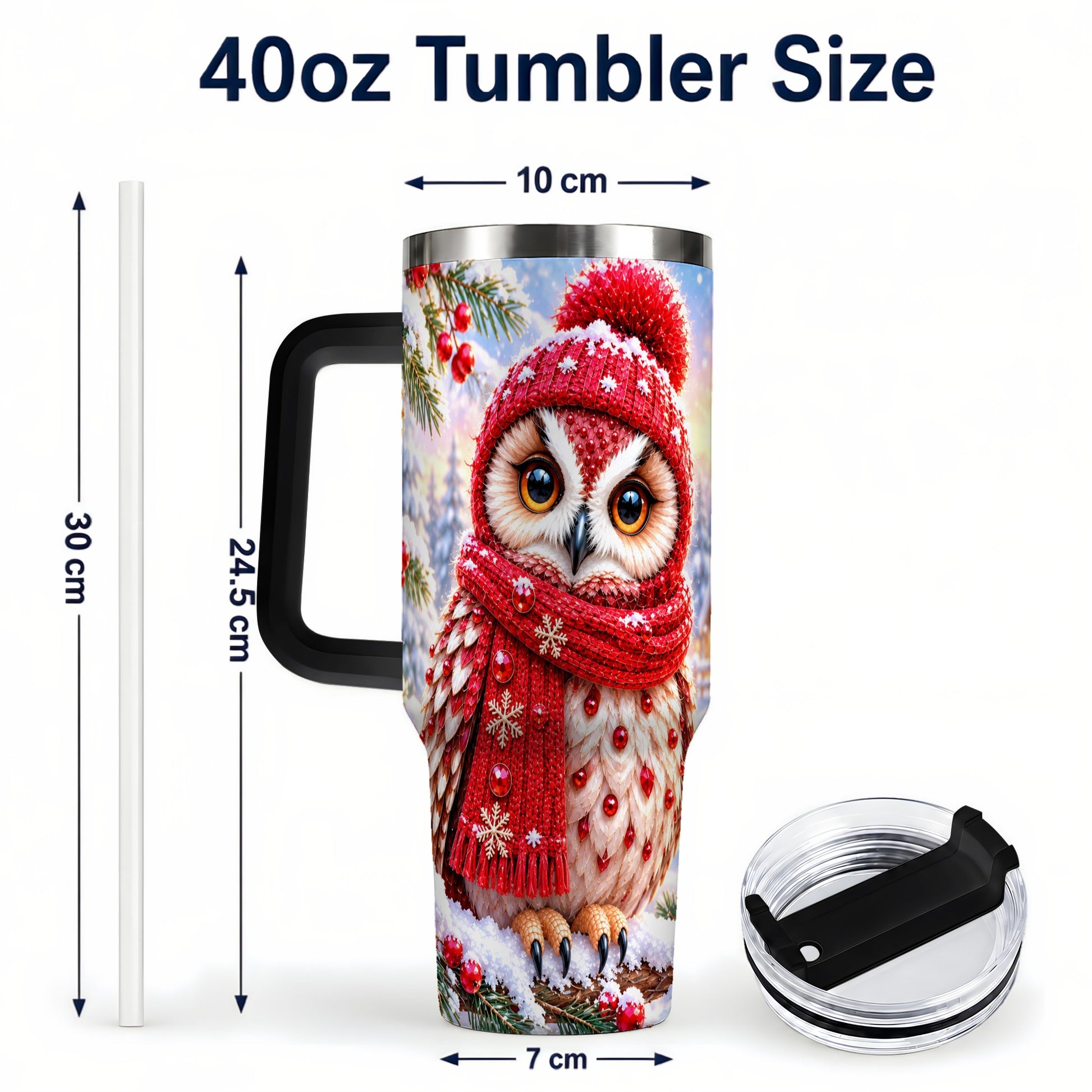 #pl[40oz|Black] Winter Owl 40oz Tumbler, Christmas Owl Tumbler, Stainless Steel Travel Cup