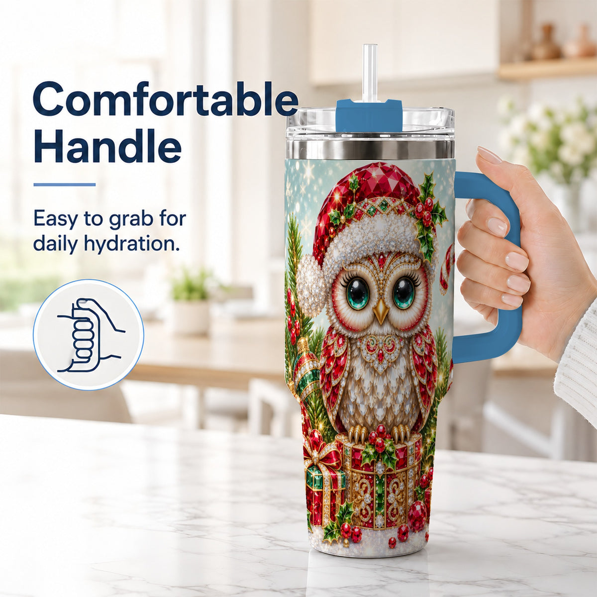 #pl[40oz|Blue] Jeweled Owl 40oz Tumbler, Christmas Owl Tumbler, Stainless Steel Travel Cup