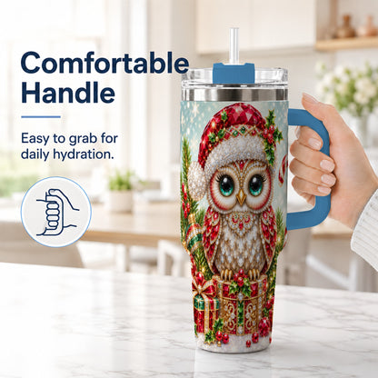 #pl[40oz|Blue] Jeweled Owl 40oz Tumbler, Christmas Owl Tumbler, Stainless Steel Travel Cup