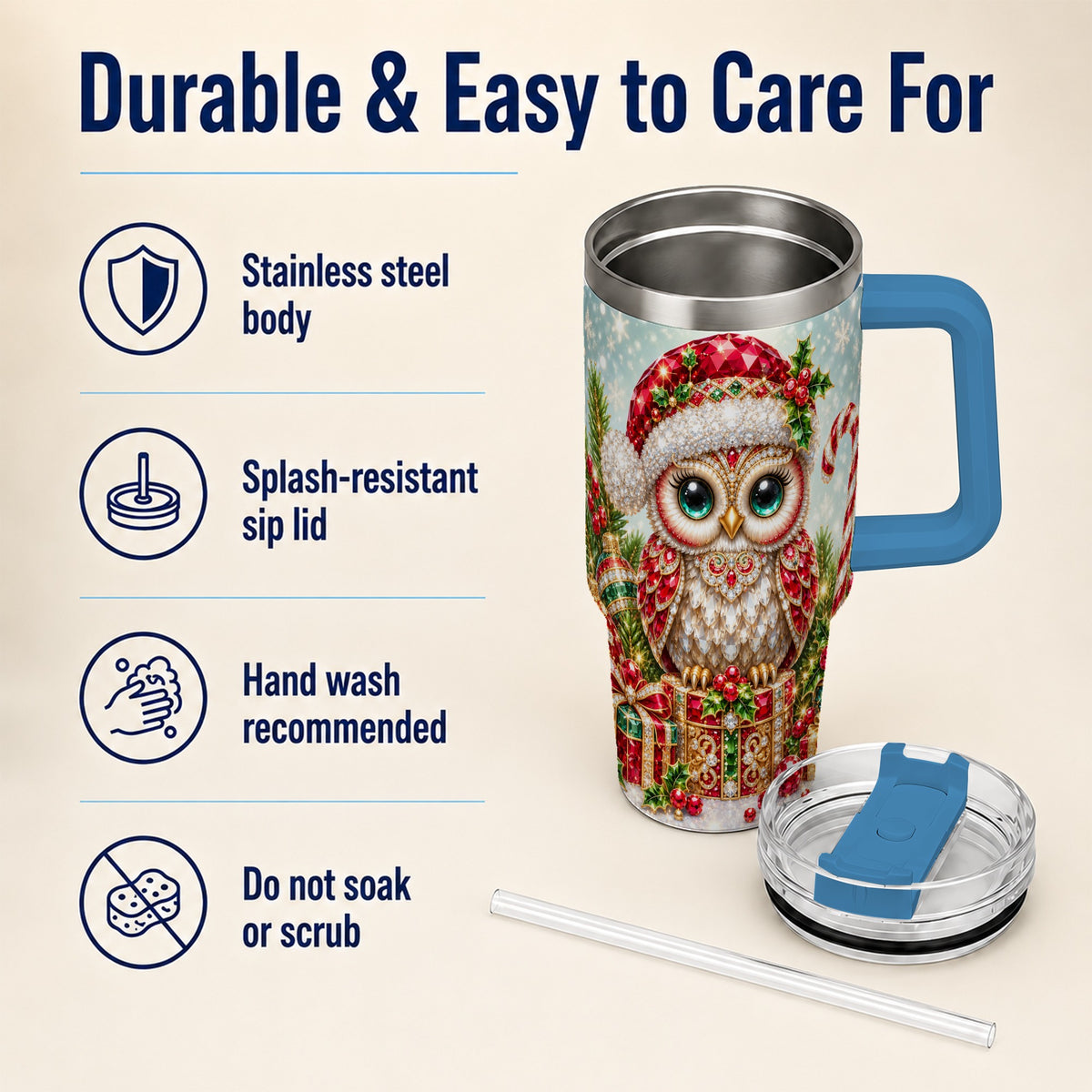 #pl[40oz|Blue] Jeweled Owl 40oz Tumbler, Christmas Owl Tumbler, Stainless Steel Travel Cup
