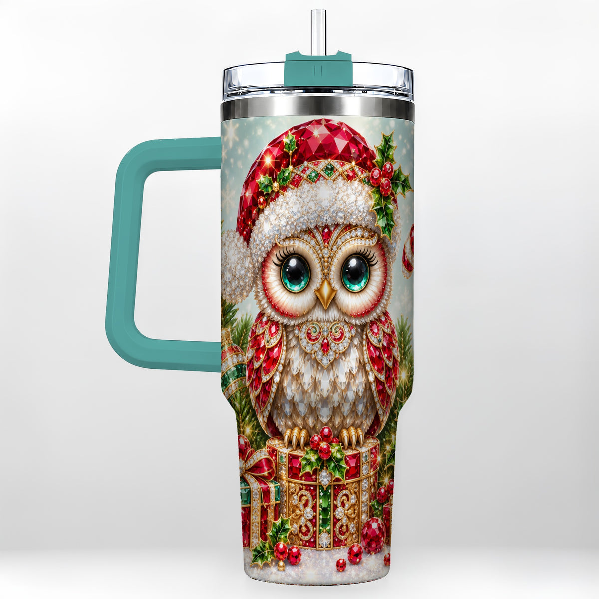 #pl[40oz|Green] Jeweled Owl 40oz Tumbler, Christmas Owl Tumbler, Stainless Steel Travel Cup