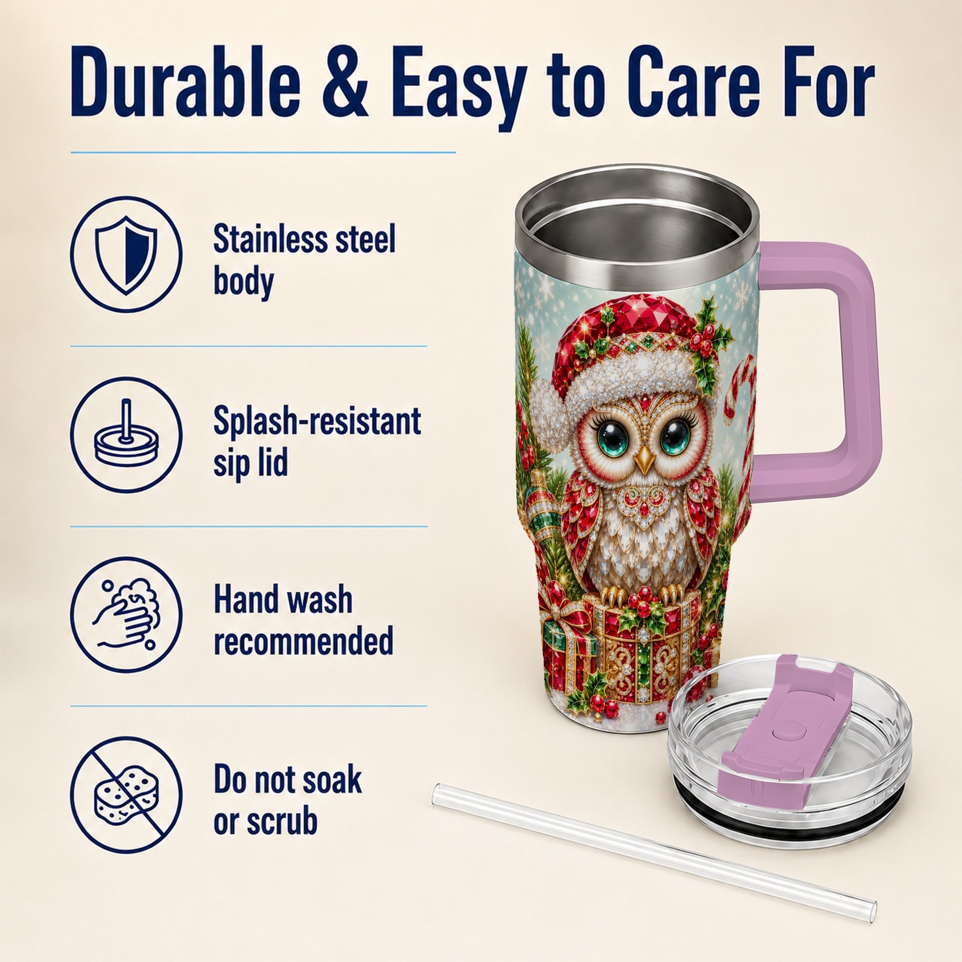 #pl[40oz|Pink] Jeweled Owl 40oz Tumbler, Christmas Owl Tumbler, Stainless Steel Travel Cup