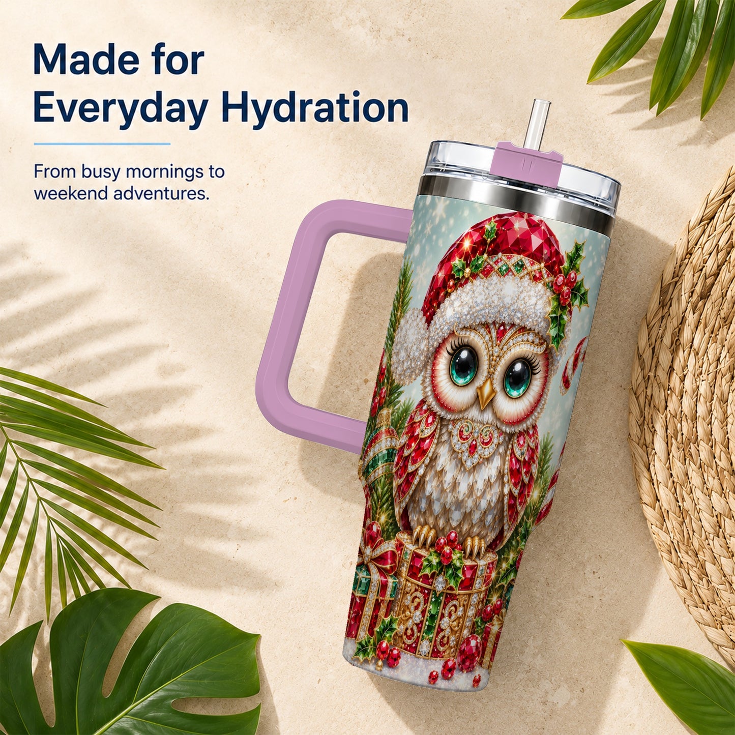 #pl[40oz|Pink] Jeweled Owl 40oz Tumbler, Christmas Owl Tumbler, Stainless Steel Travel Cup