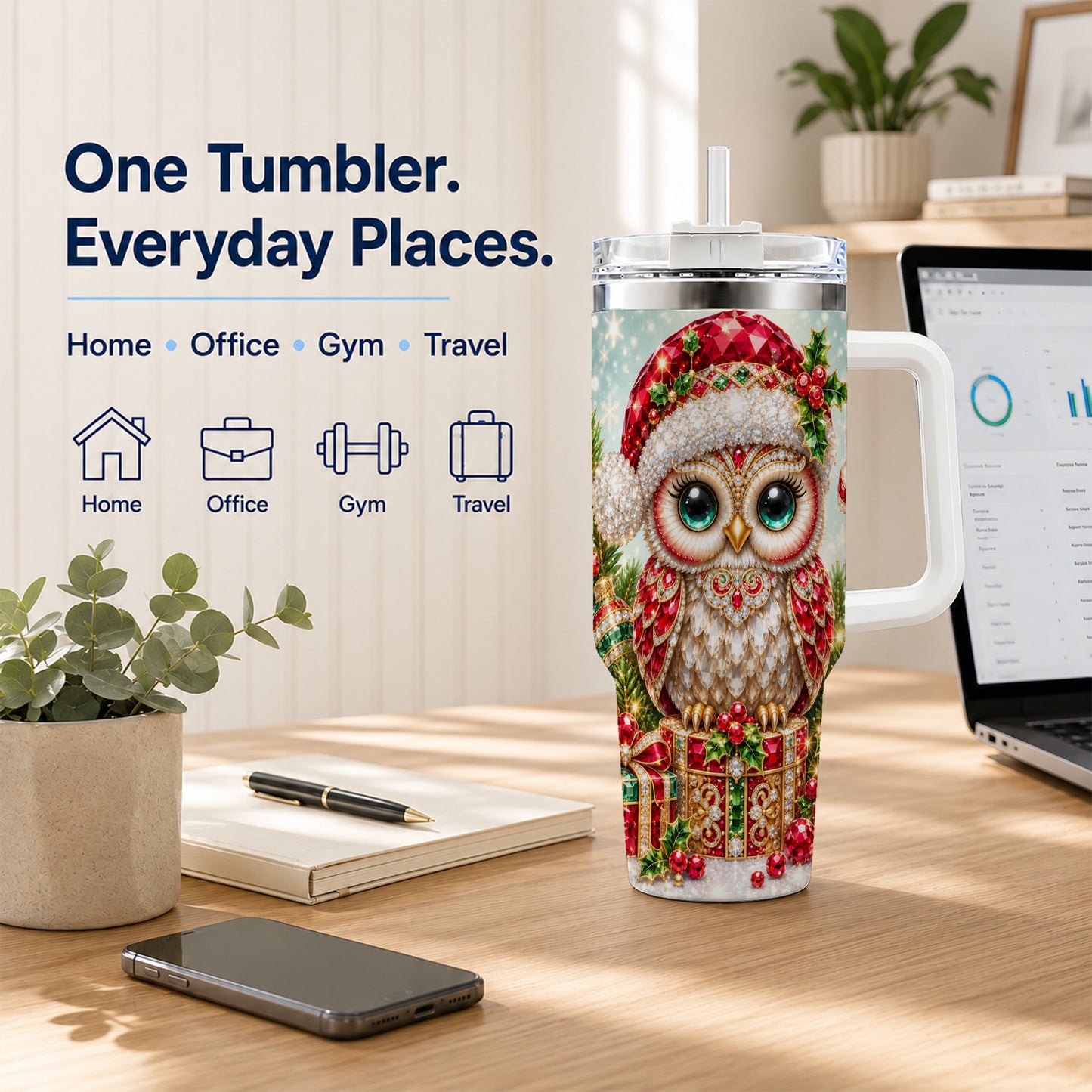#pl[40oz|White] Jeweled Owl 40oz Tumbler, Christmas Owl Tumbler, Stainless Steel Travel Cup