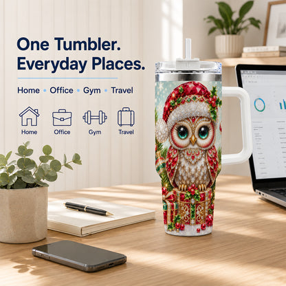 #pl[40oz|White] Jeweled Owl 40oz Tumbler, Christmas Owl Tumbler, Stainless Steel Travel Cup