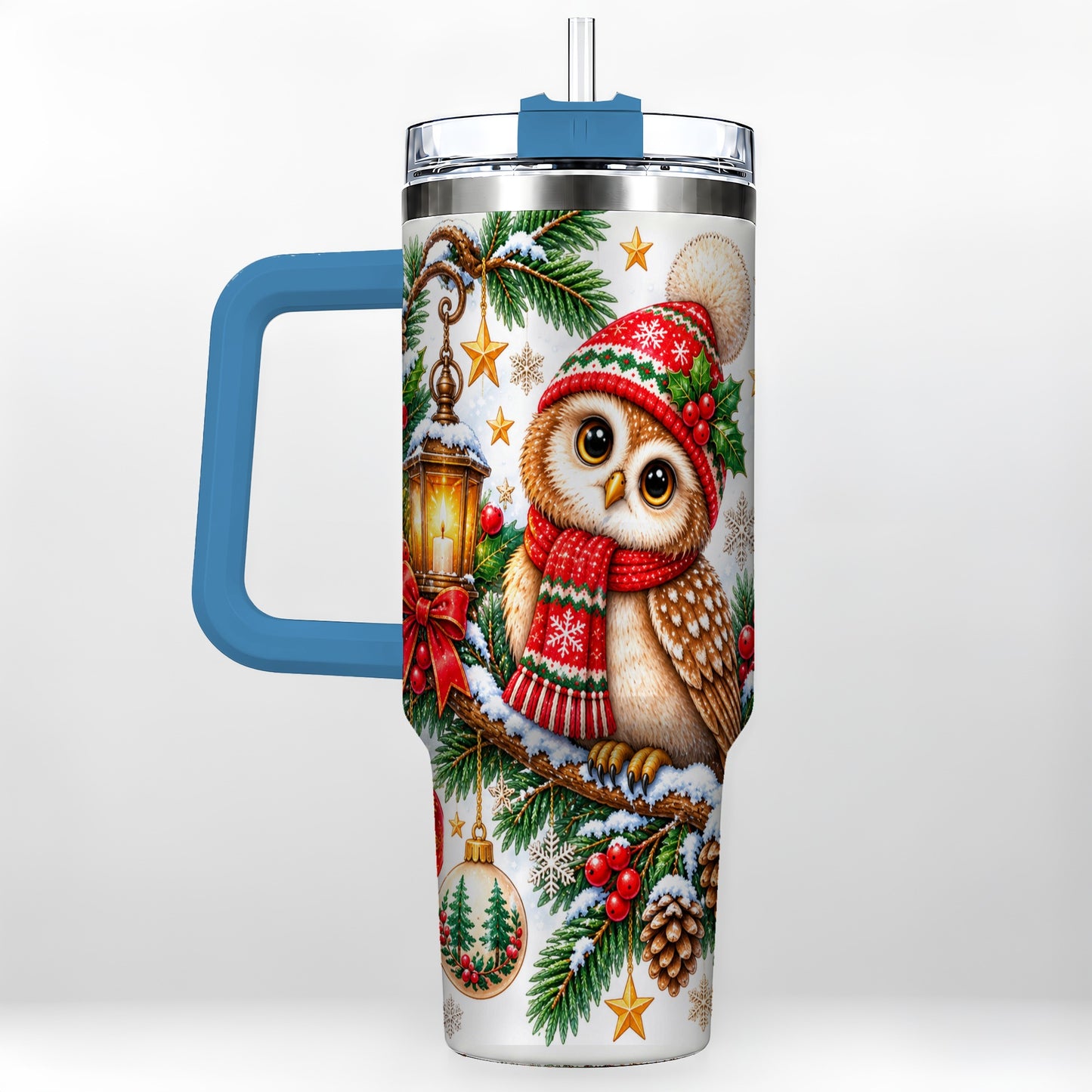 #pl[40oz|Blue] Cozy Owl 40oz Tumbler, Lantern Owl Tumbler, Stainless Steel Travel Cup