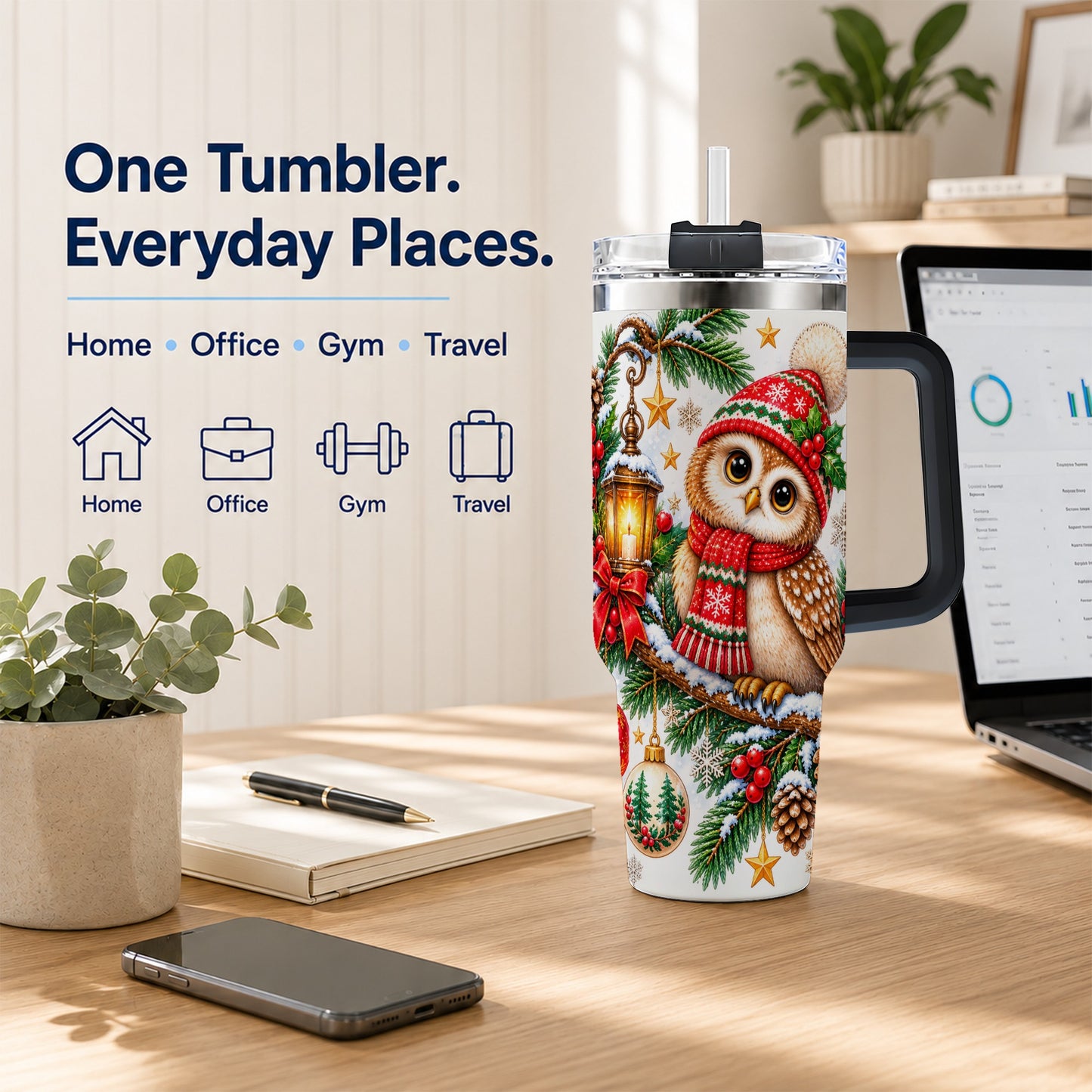 #pl[40oz|Black] Cozy Owl 40oz Tumbler, Lantern Owl Tumbler, Stainless Steel Travel Cup