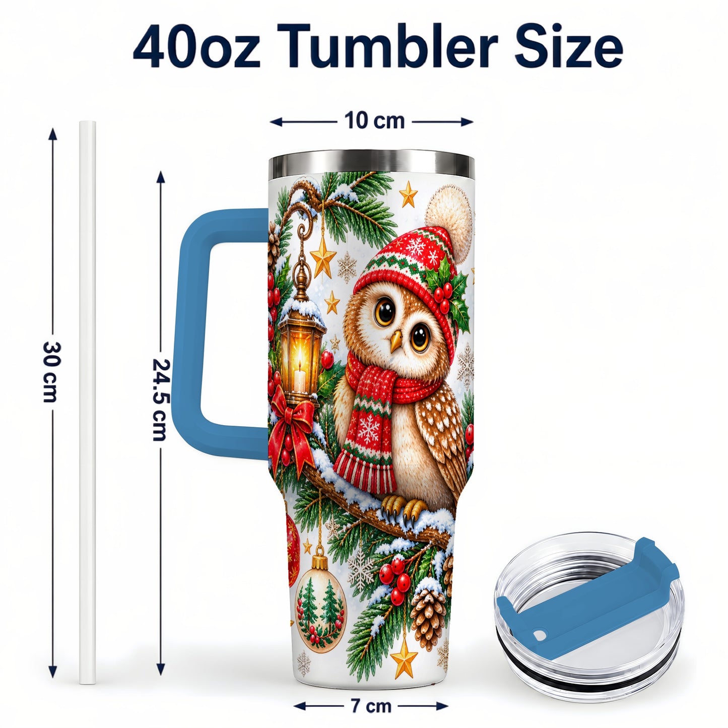#pl[40oz|Blue] Cozy Owl 40oz Tumbler, Lantern Owl Tumbler, Stainless Steel Travel Cup