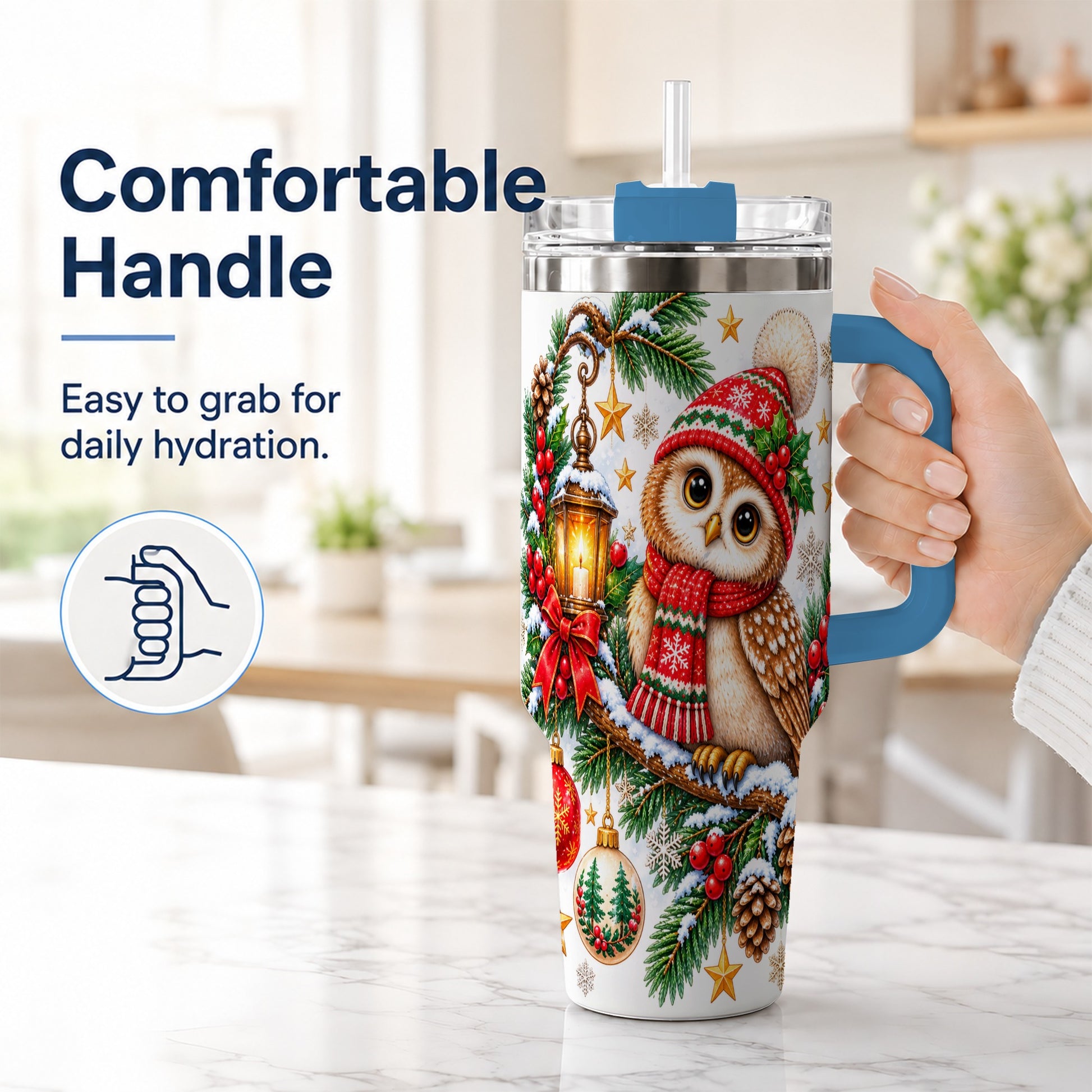 #pl[40oz|Blue] Cozy Owl 40oz Tumbler, Lantern Owl Tumbler, Stainless Steel Travel Cup